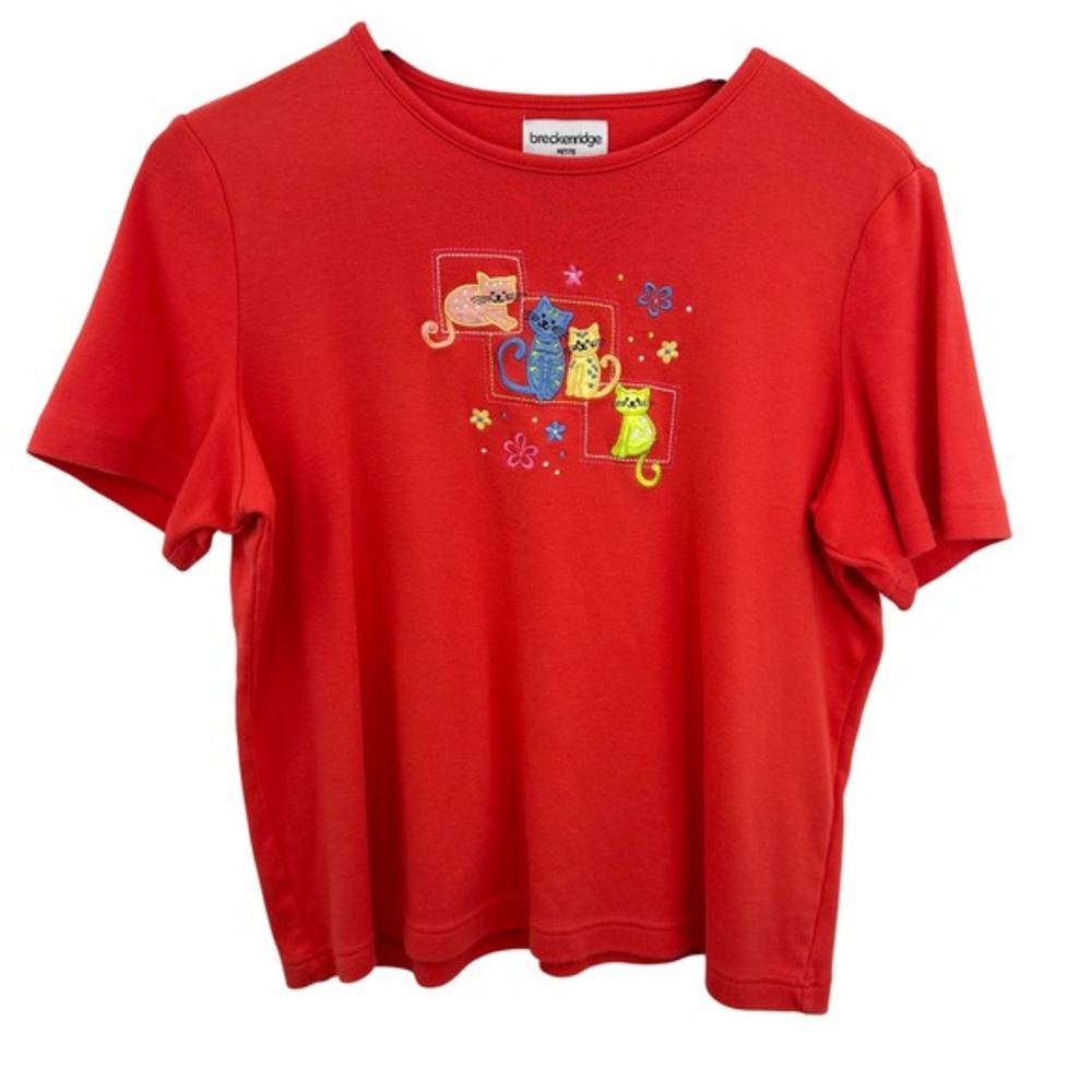 Vintage Quirky Cat Lady Embroidered Coral Red Tee Shirt Flowers Eclectic Retro